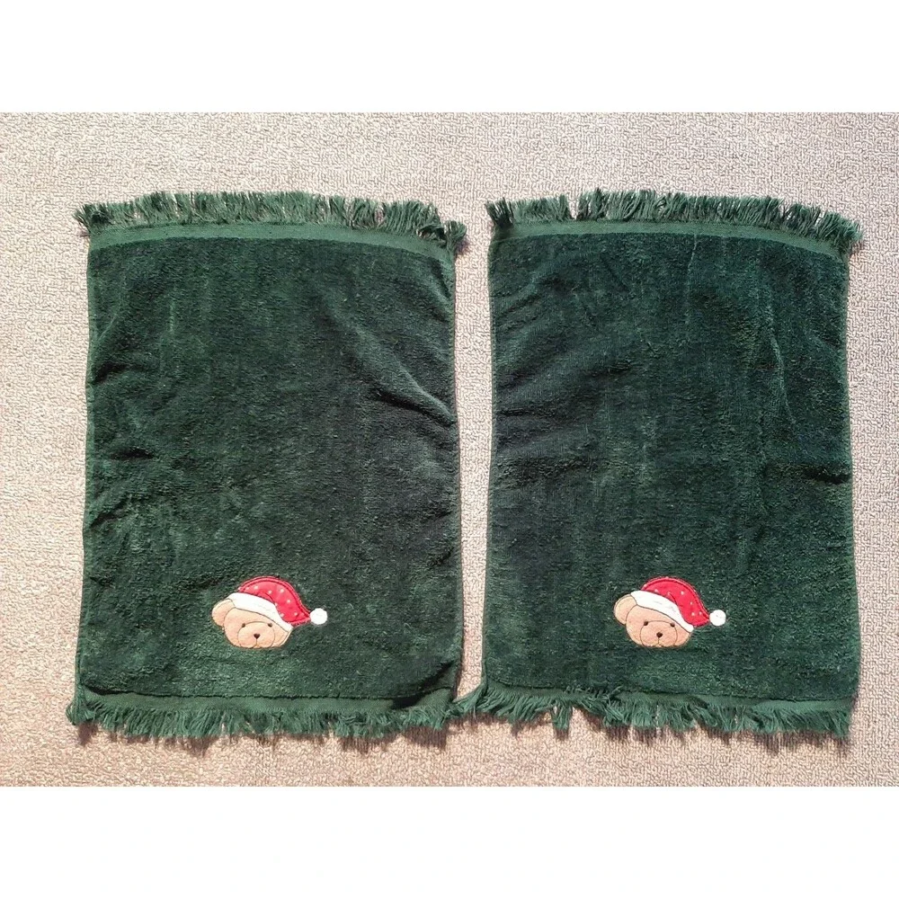 Set of 6 Vtg Embroidered Bath, Hand & Fingertip Christmas Towels w/ Teddy Bear